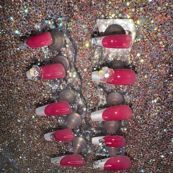 Pink and white aura blush nails with glitter and butterfly charms and flowers! - Picture 6 of 8